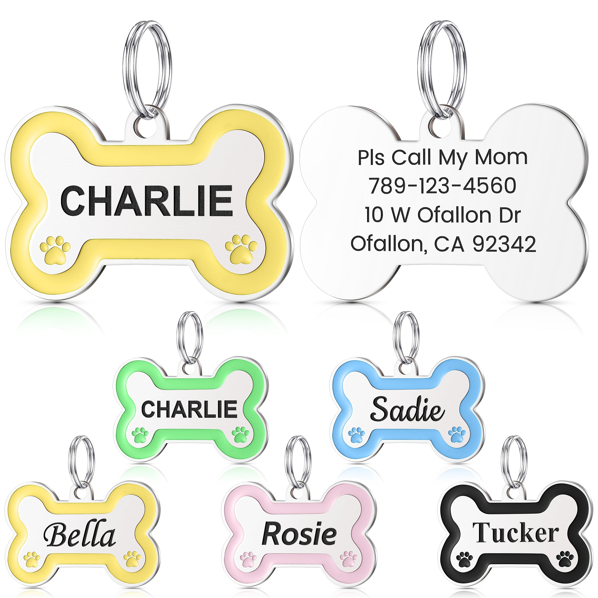 YEHANTI Vibrant Stainless Steel Dog Tags Personalized for Pets with Paw Print, Laser Engraved with Name, ID, Phone Number, up to 4 Lines of Text on Back