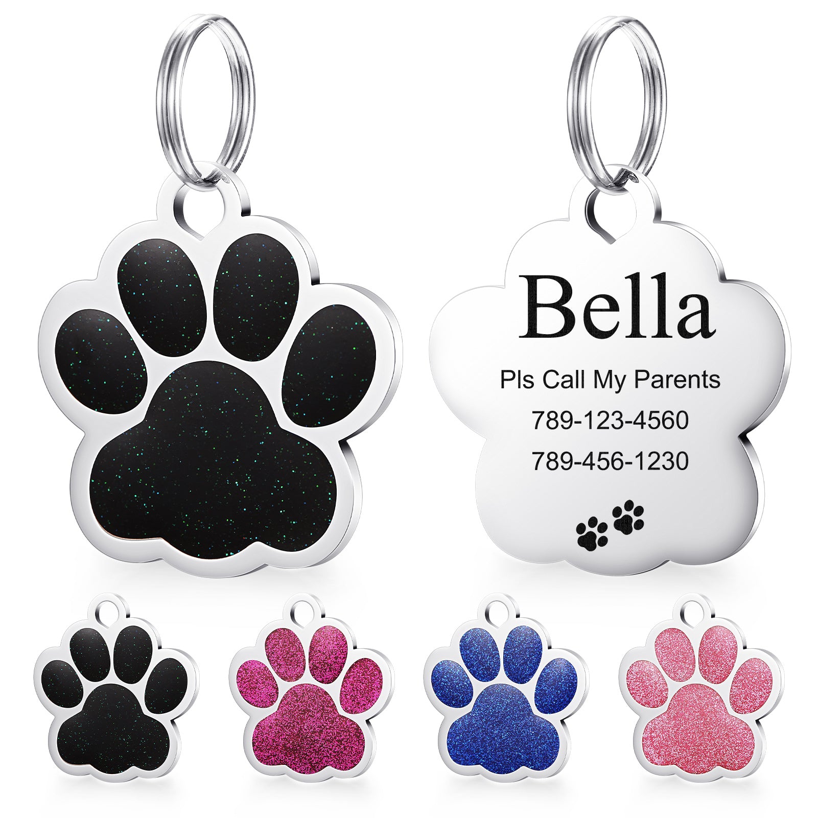 YEHANTI Dog Tags Personalized for Pets, Durable Stainless Steel Glitter Paw Print Pet ID Tags with 4 Line Texts and Icons Engraved, Custom Dog ID Tags and Name Tags for Large Small Dogs Cats