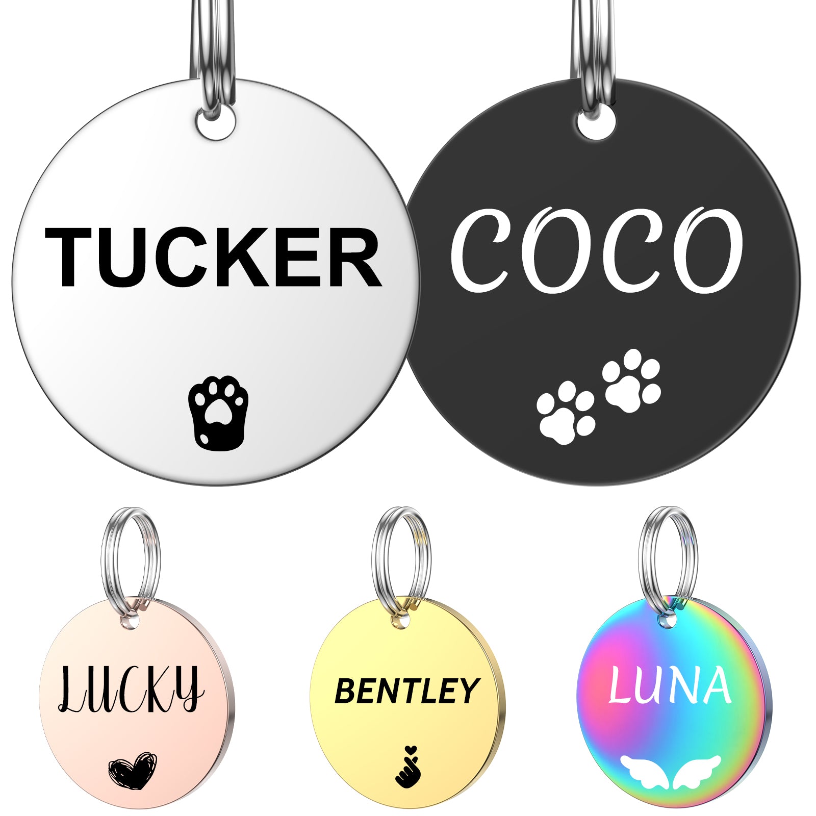 YEHANTI Dog Tags Engraved for Pets Personalized, Custom Stainless Steel Dog Tags and Cat Tags with Various Cute and Beautiful Icons, Double Sided Engraved Pet ID Tags Dog Name Tag, Round