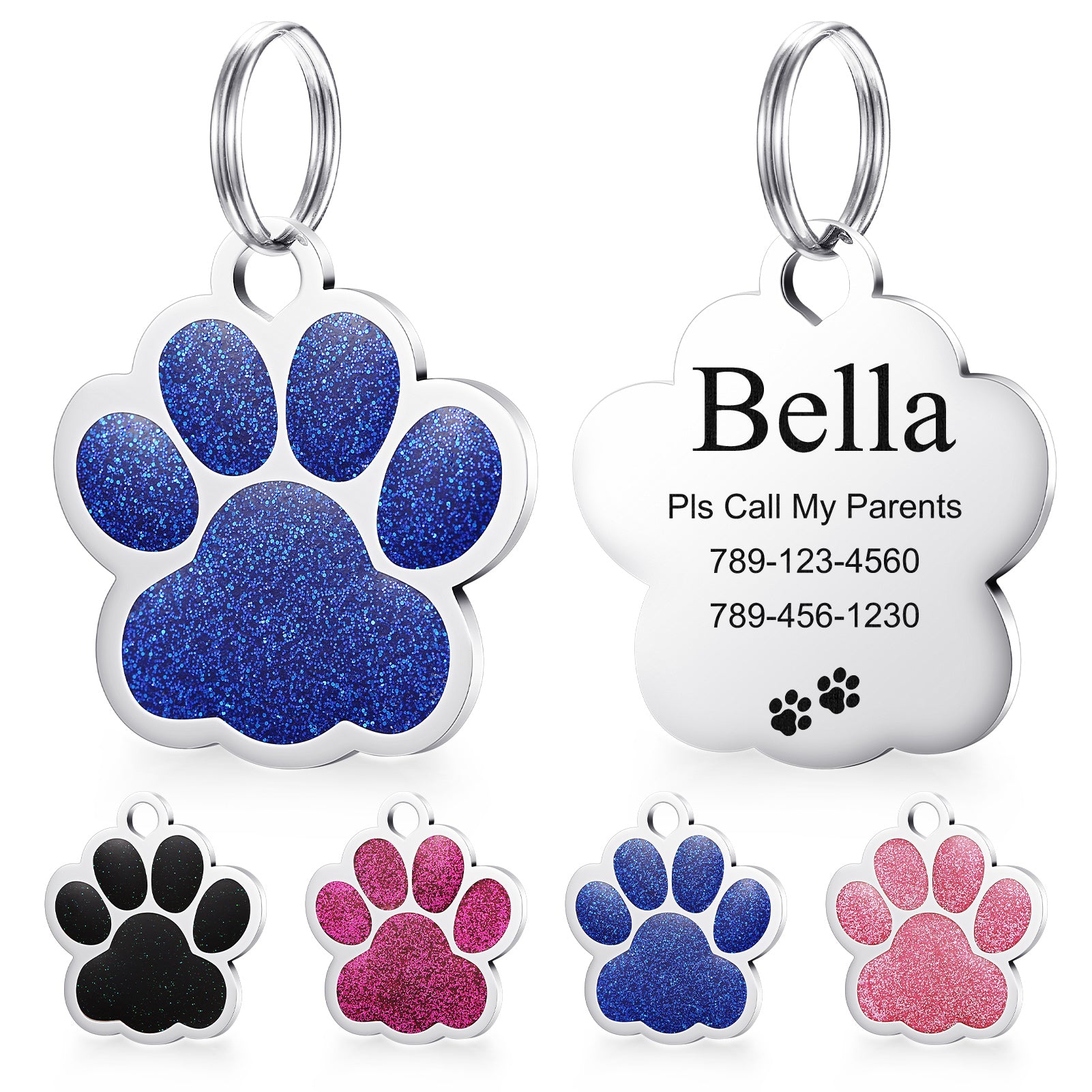 YEHANTI Dog Tags Personalized for Pets, Durable Stainless Steel Glitter Paw Print Pet ID Tags with 4 Line Texts and Icons Engraved, Custom Dog ID Tags and Name Tags for Large Small Dogs Cats
