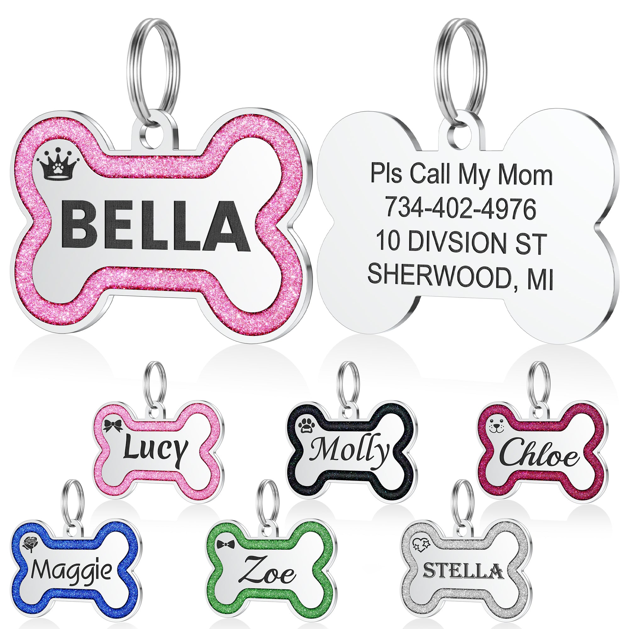 YEHANTI Dog Tags Personalized for Pets - Durable Stainless Steel Pet ID Tags with Lovely Icons, Glitter Bone Custom Dog Tags for Large Small Dogs Cats, Dog Name Tags Engraved On Both Sides（L,MixColor）