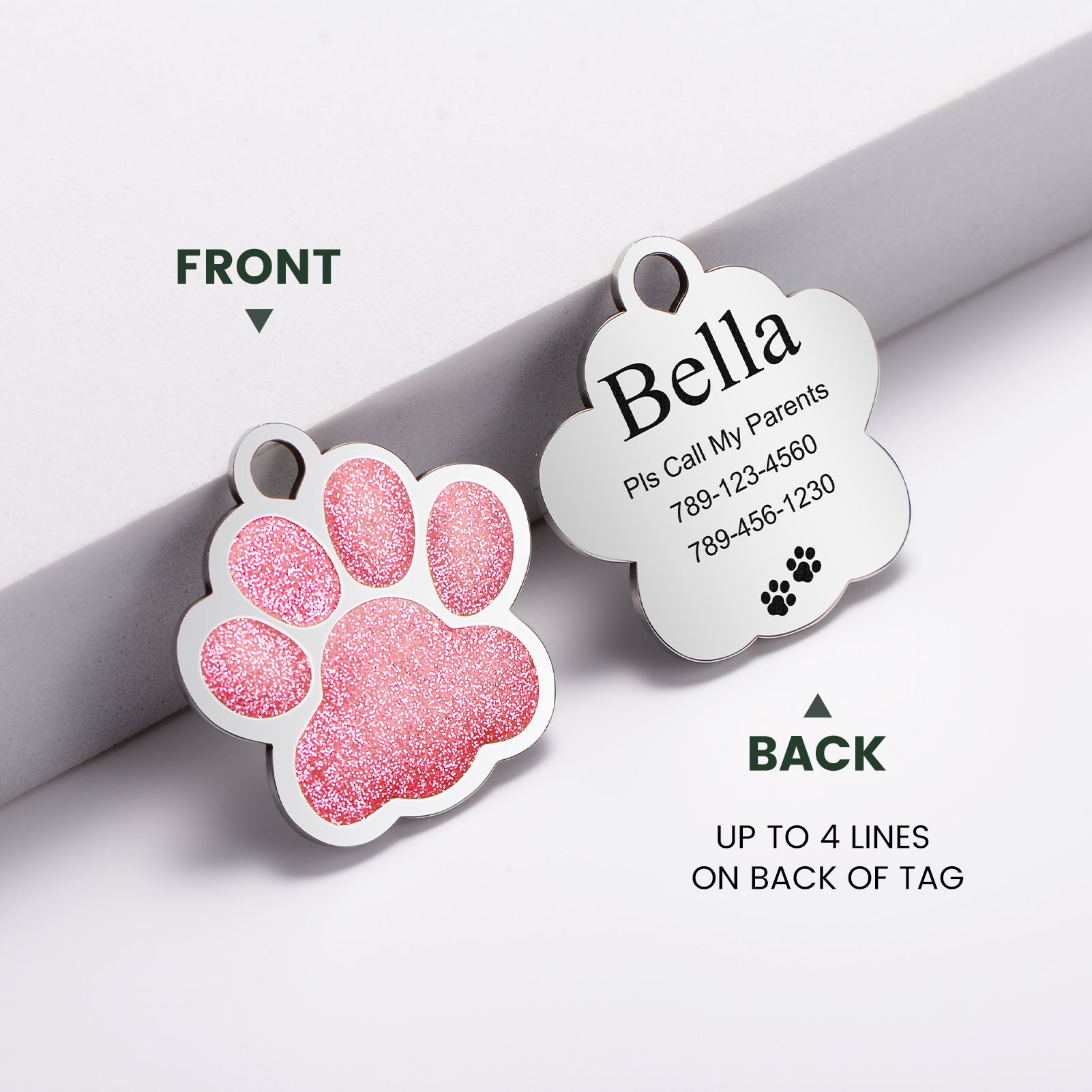 YEHANTI Dog Tags Personalized for Pets, Durable Stainless Steel Glitter Paw Print Pet ID Tags with 4 Line Texts and Icons Engraved, Custom Dog ID Tags and Name Tags for Large Small Dogs Cats