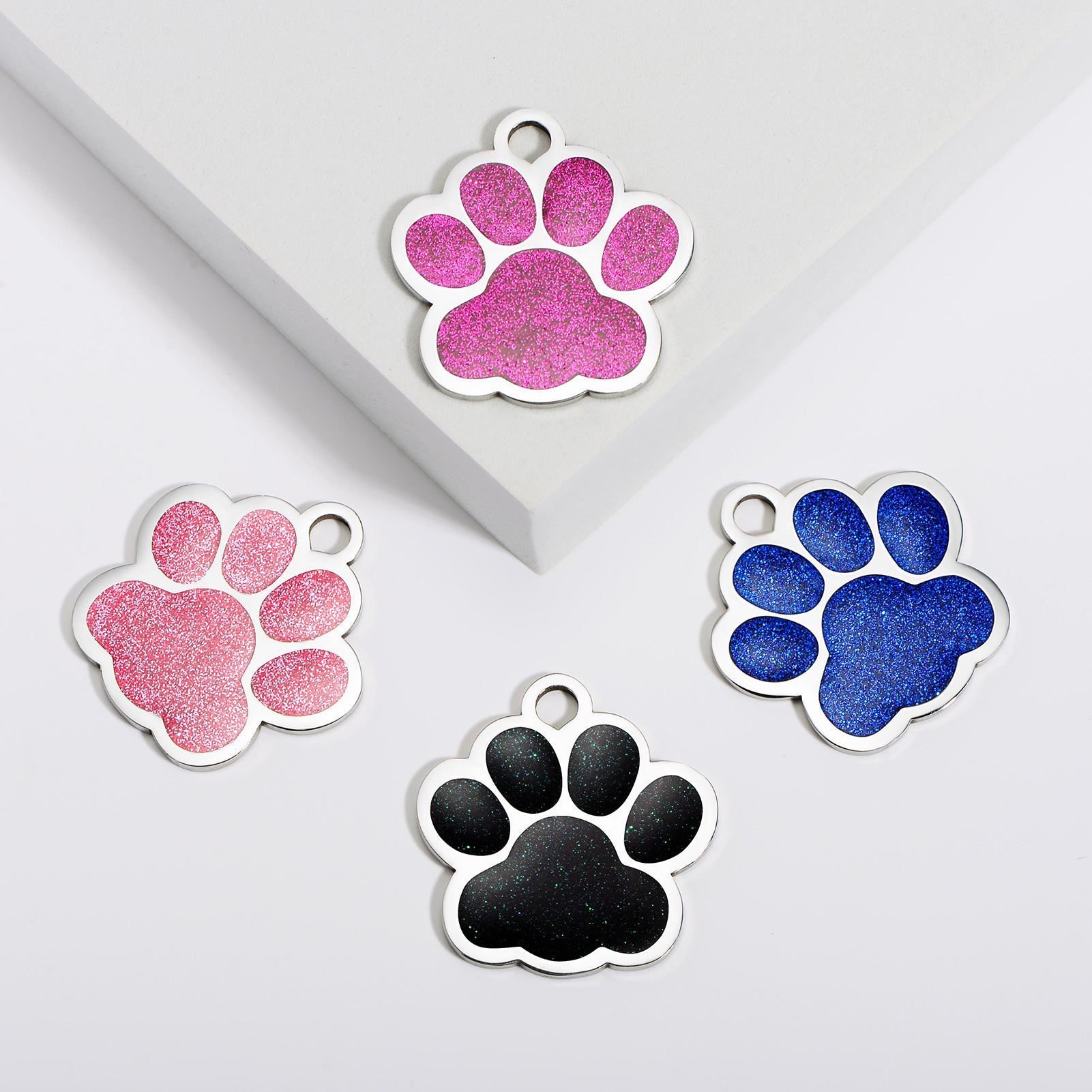 YEHANTI Dog Tags Personalized for Pets, Durable Stainless Steel Glitter Paw Print Pet ID Tags with 4 Line Texts and Icons Engraved, Custom Dog ID Tags and Name Tags for Large Small Dogs Cats