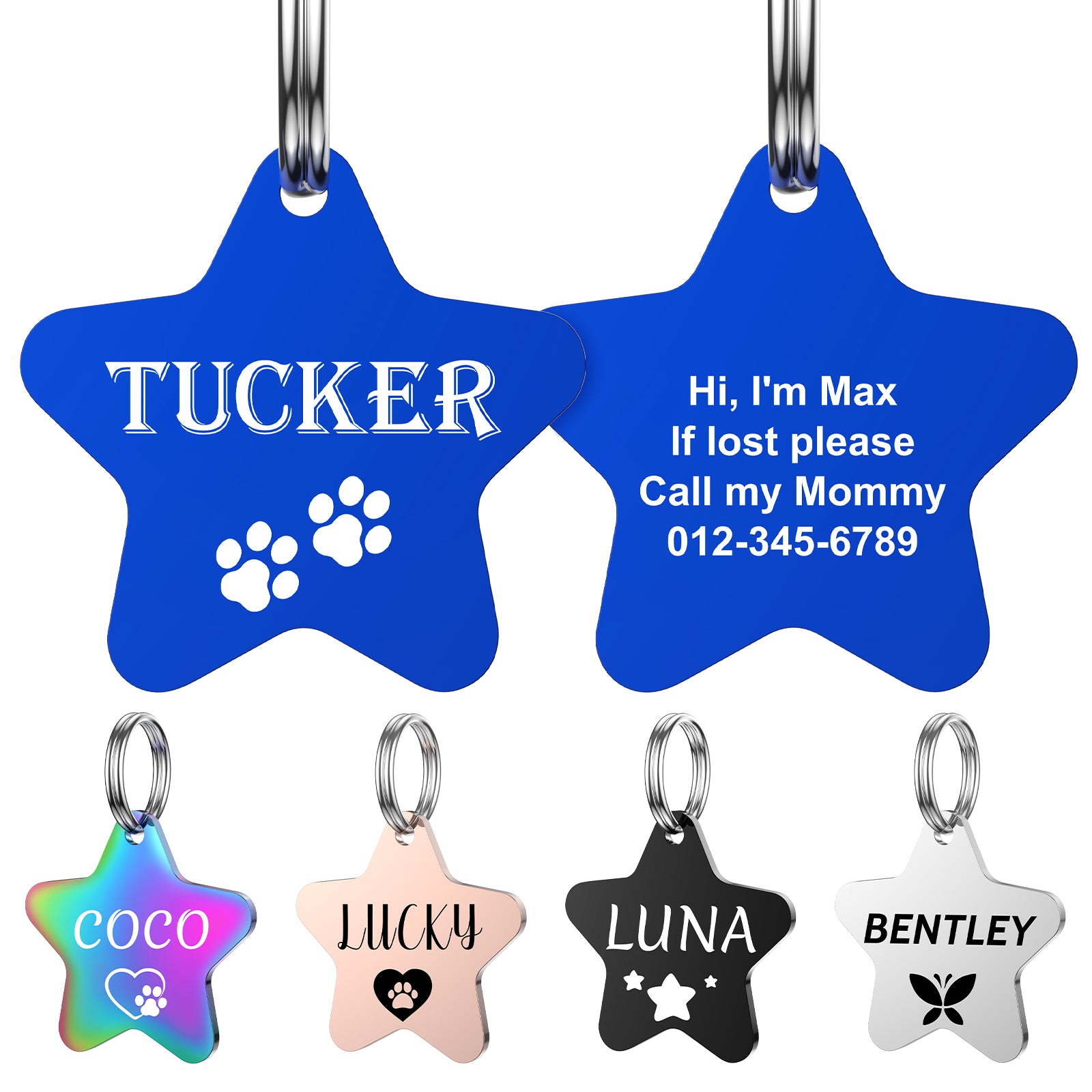 Dog Tags Engraved for Pets - YEHANTI Personalized Dog Tags with Lovely Icons, Durable Stainless Steel Pet ID Tags for Small Large Dogs Cats, Custom Dog Name Tags Engraved on Both Sides (Star)