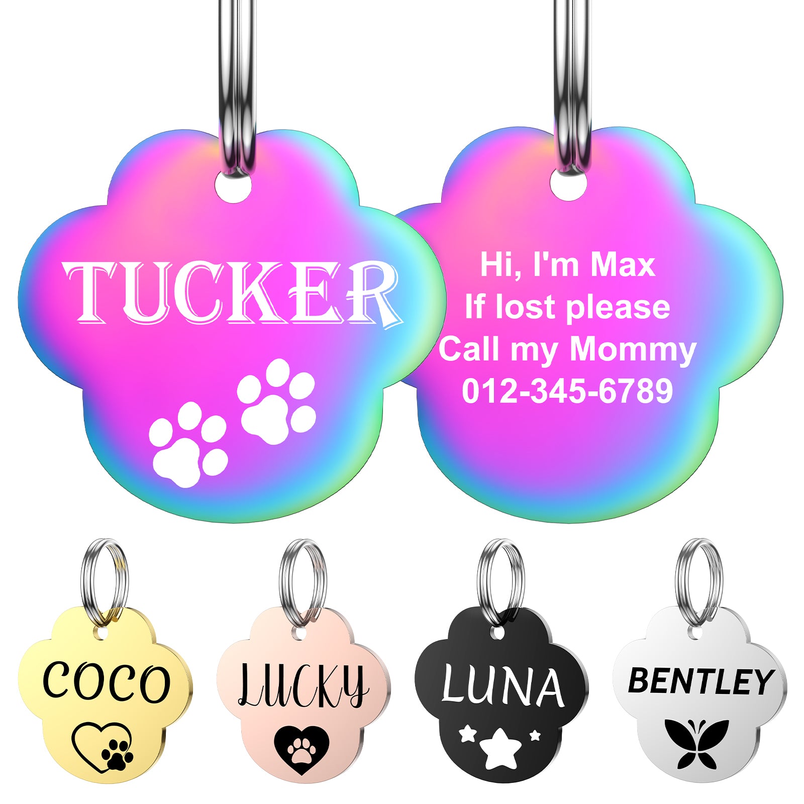 Dog Tags Engraved for Pets - YEHANTI Personalized Dog Tags with Lovely Icons, Durable Stainless Steel Pet ID Tags for Small Large Dogs Cats, Custom Dog Name Tags Engraved on Both Sides (Paw)