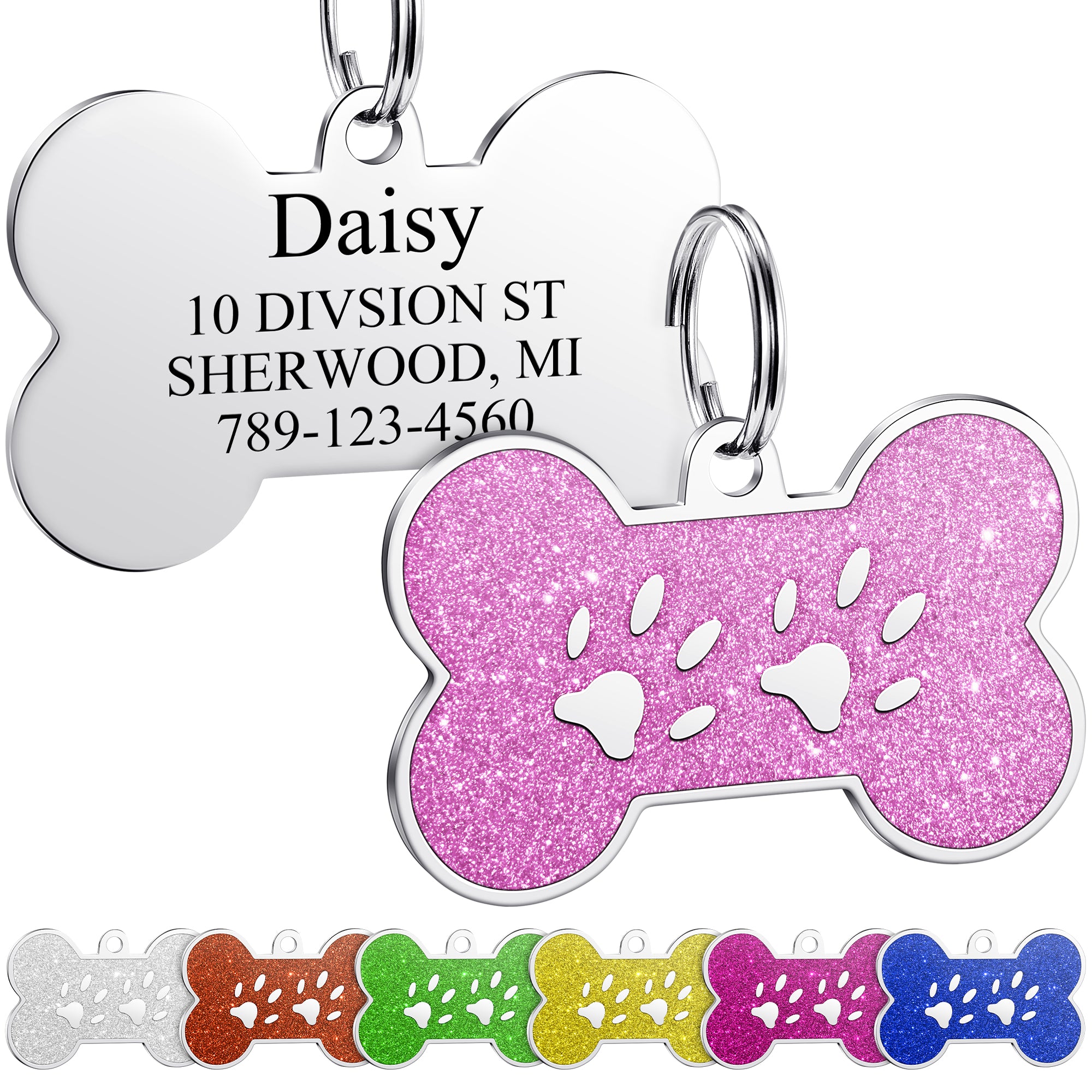 YEHANTI Dog Tags Personalized for Pets with Glittery Front Design - Beautiful Stainless Steel Cats Dogs ID Tags - Engraved with Laser - Stylish Dog Collar Accessories