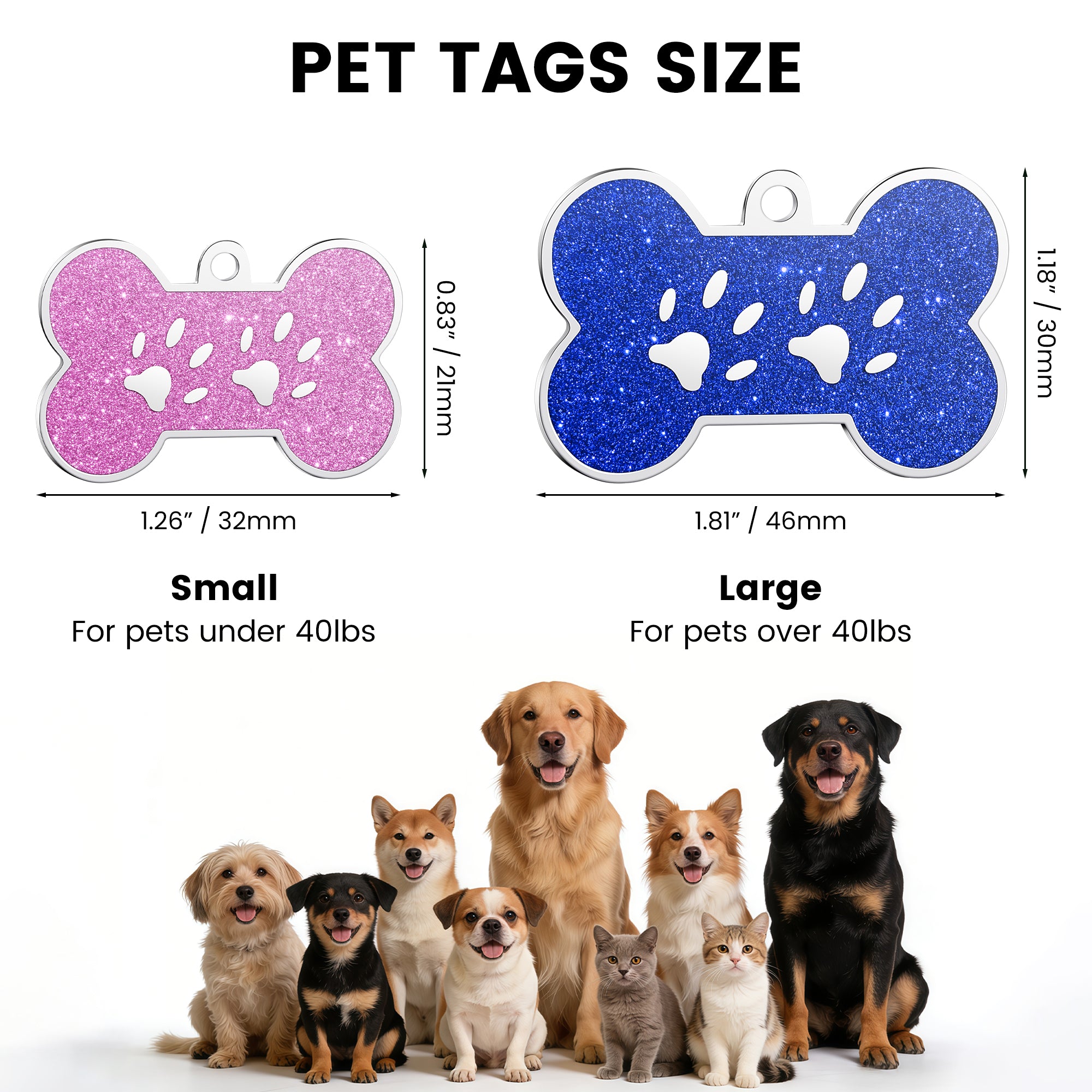 YEHANTI Dog Tags Personalized for Pets with Glittery Front Design - Beautiful Stainless Steel Cats Dogs ID Tags - Engraved with Laser - Stylish Dog Collar Accessories