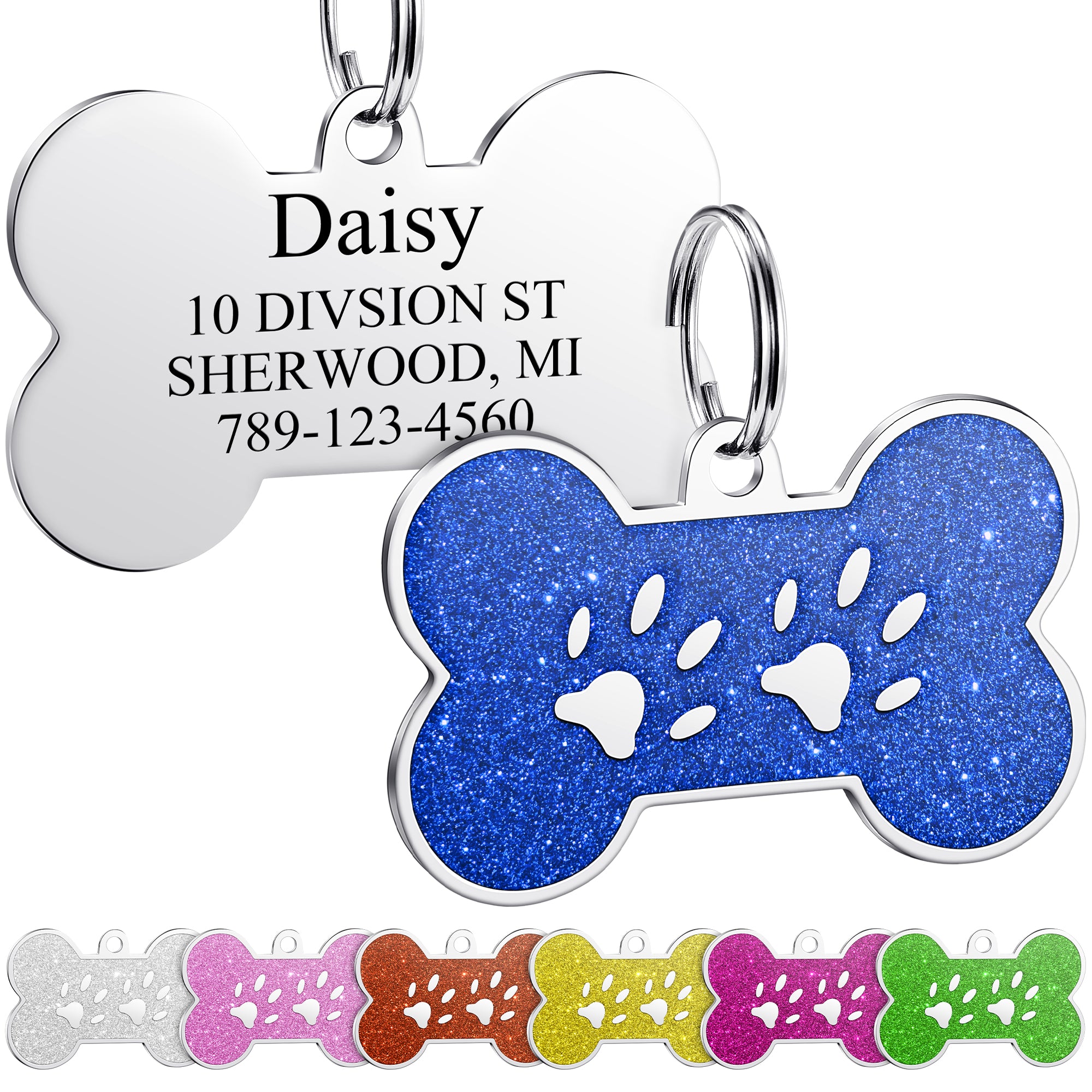 YEHANTI Dog Tags Personalized for Pets with Glittery Front Design - Beautiful Stainless Steel Cats Dogs ID Tags - Engraved with Laser - Stylish Dog Collar Accessories