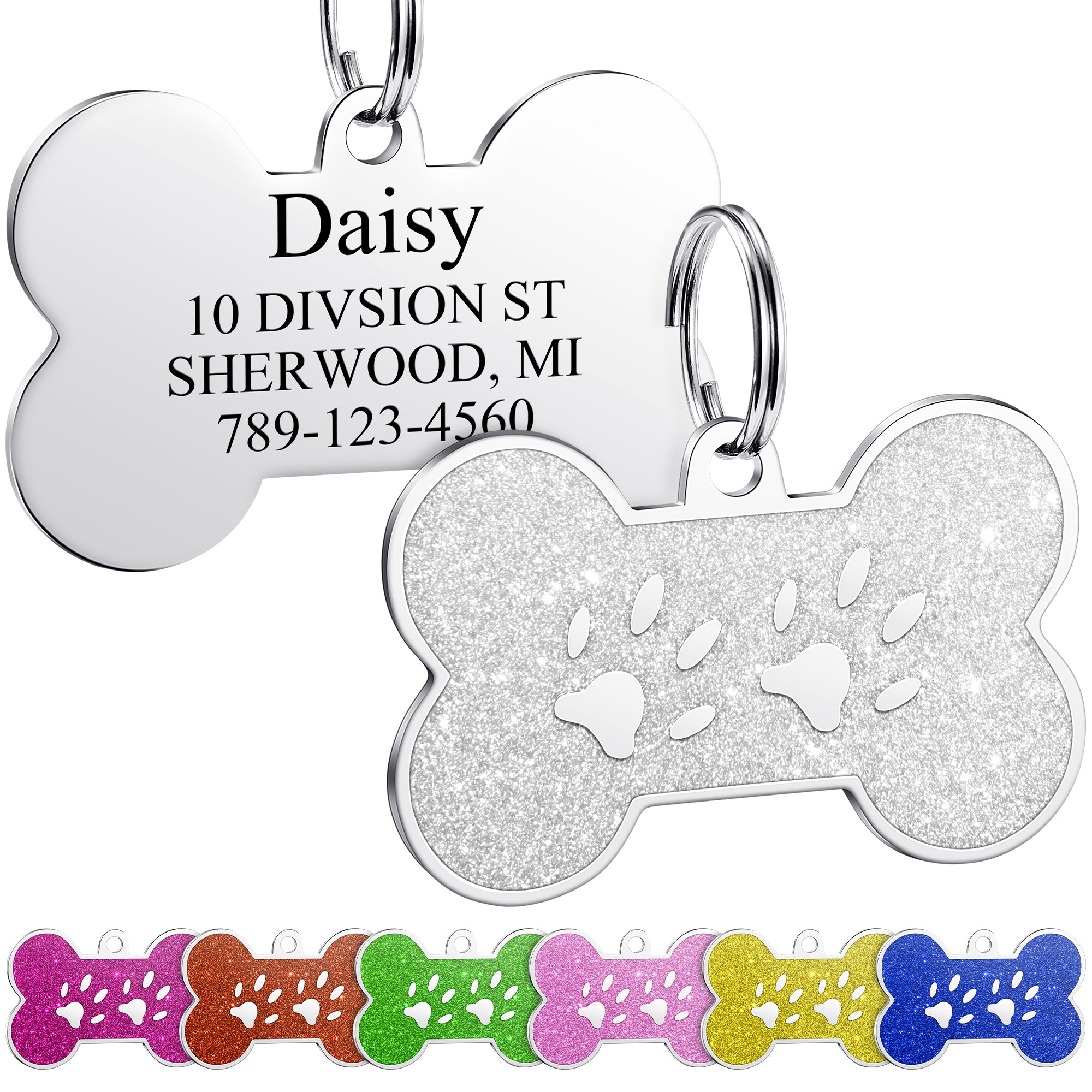 YEHANTI Dog Tags Personalized for Pets with Glittery Front Design - Beautiful Stainless Steel Cats Dogs ID Tags - Engraved with Laser - Stylish Dog Collar Accessories